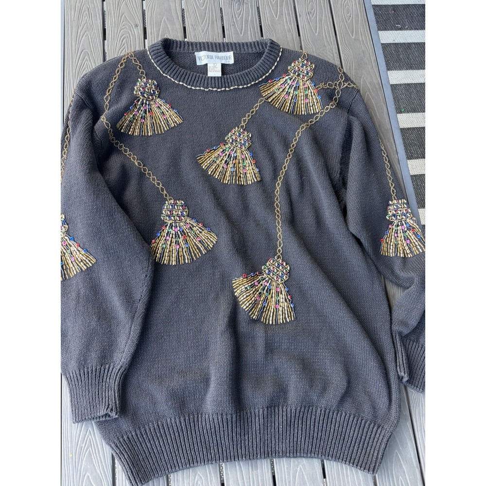 Vintage Victoria Harbour Women's Sweater Black Sz L Beaded Tassels Long Sleeve